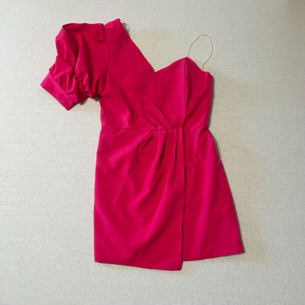 DO+BE Womens L Hot Pink One Shoulder Mini Dress Puff Sleeve Cocktail Party